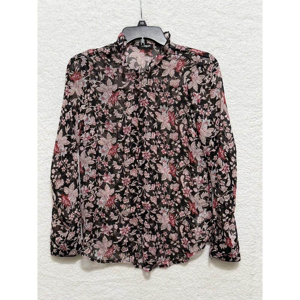 Express Floral Print Sheer Blouse Ruffle Neck Long Sleeve Black Burgundy M